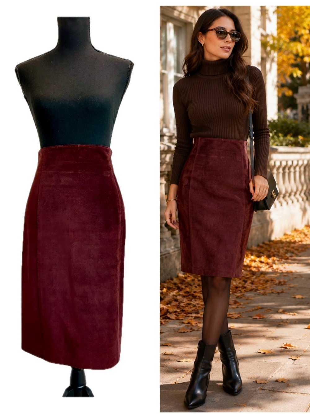 Danier Vintage Burgundy Red Leather Suede Pencil Skirt Size 10 Made in Canada